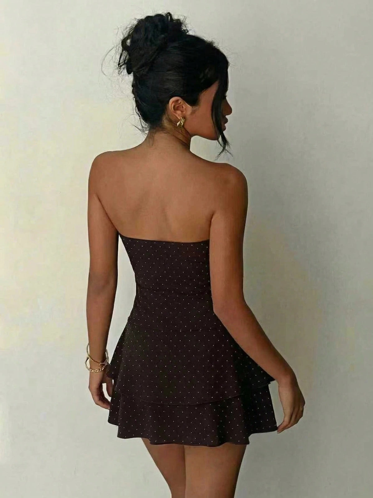 Polka Strapless Ruffle Mini — Chocolate
