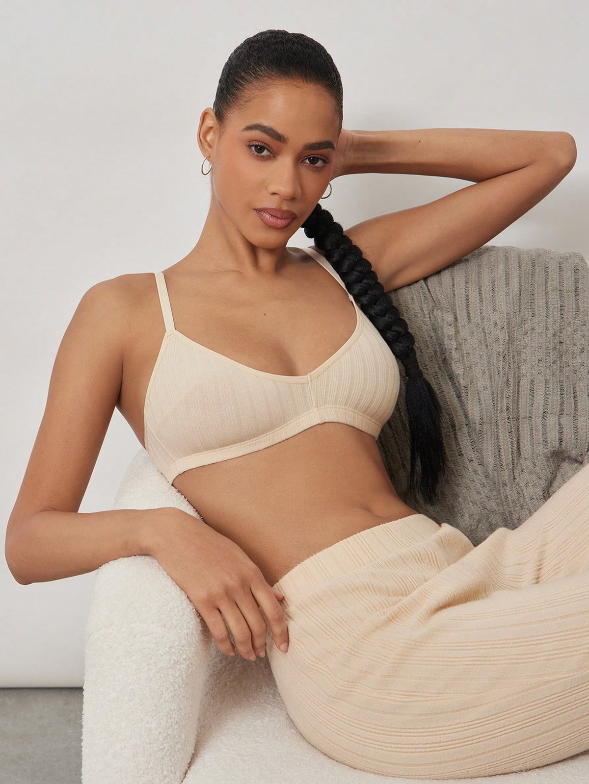 Ribbed Triangle Wireless Bra — Beige