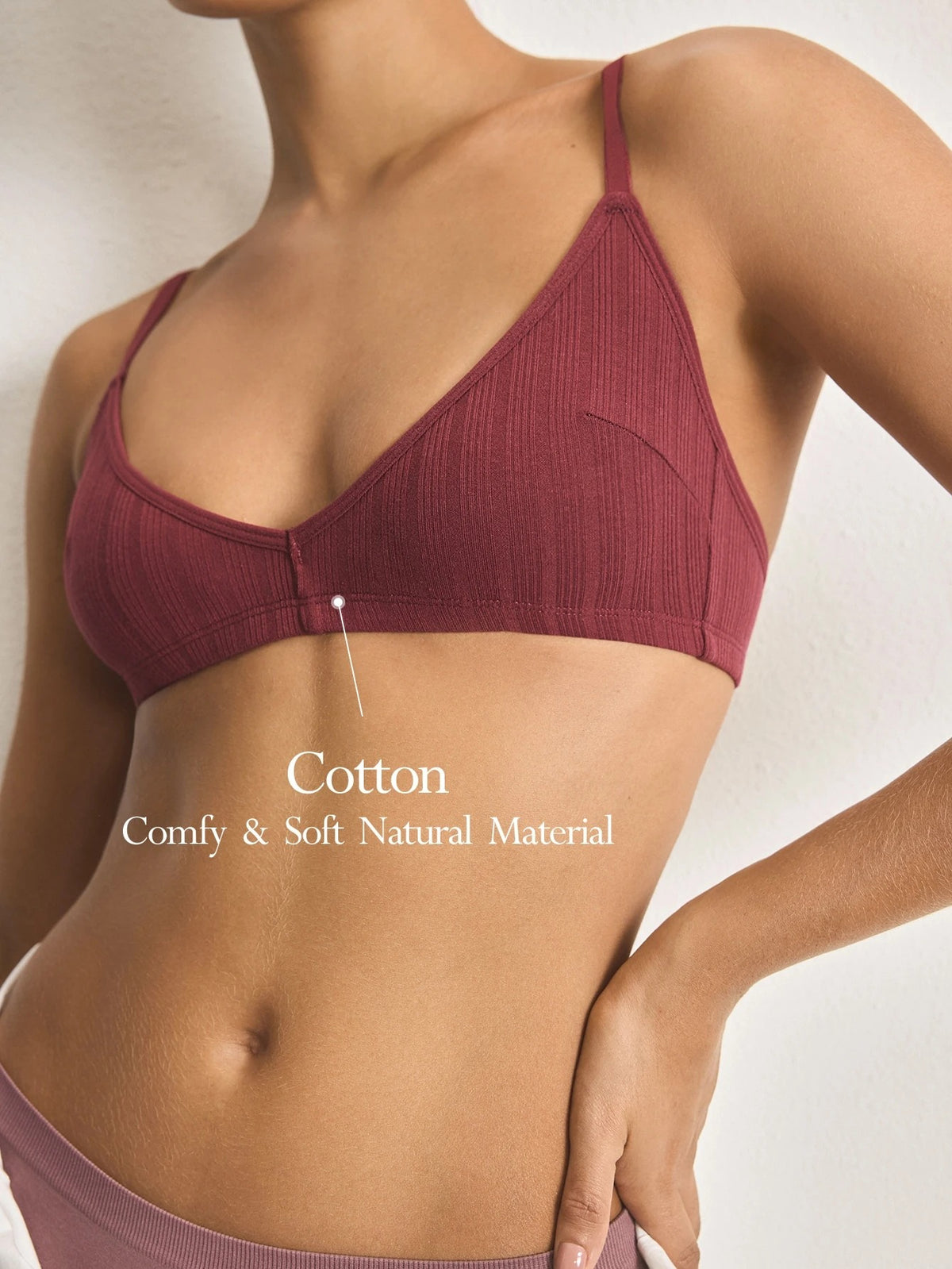 Ribbed Triangle Wireless Bra — Burgundy