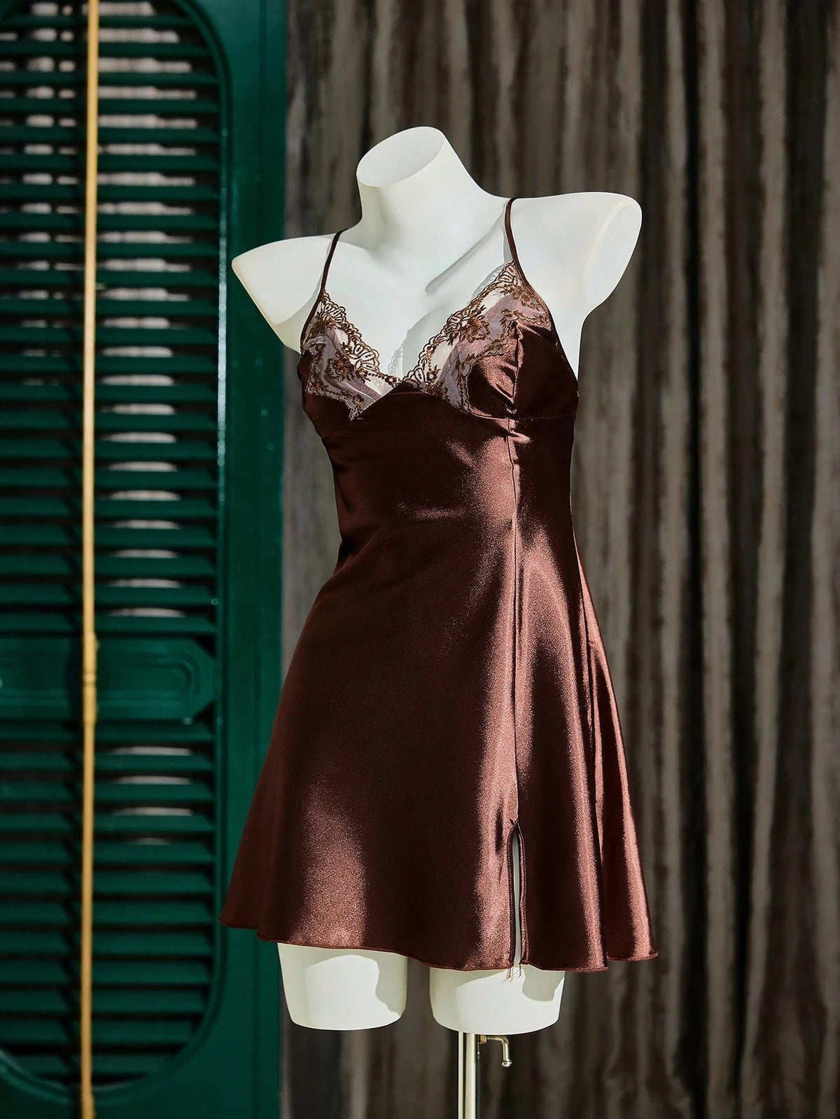 Satin Lace-Neck Slip — Coffee