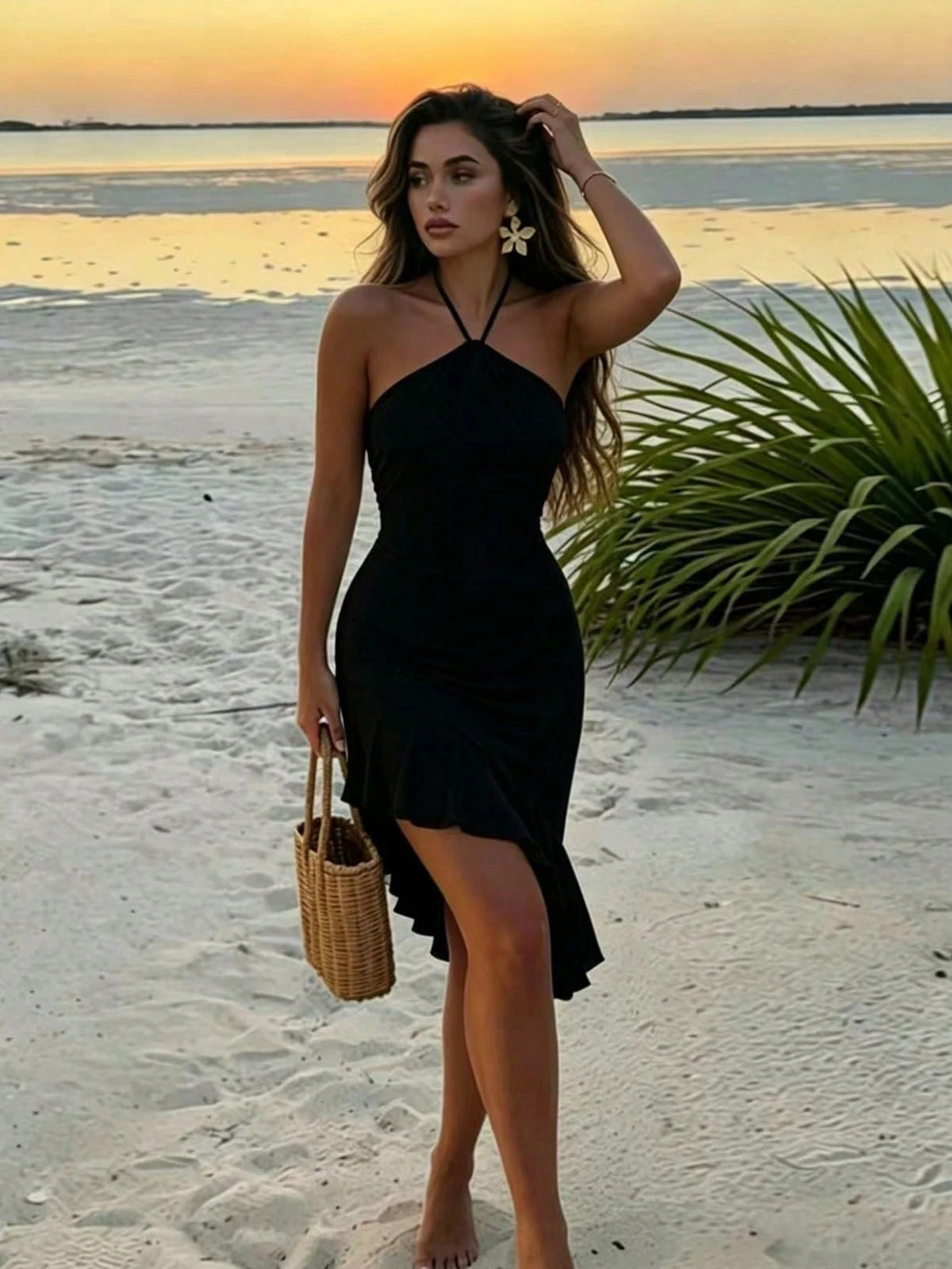 Asymmetric Halter Midi Dress — Black