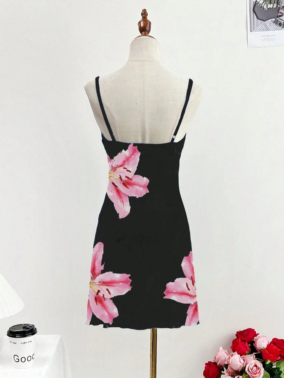 Floral Cami Mini Dress — Black