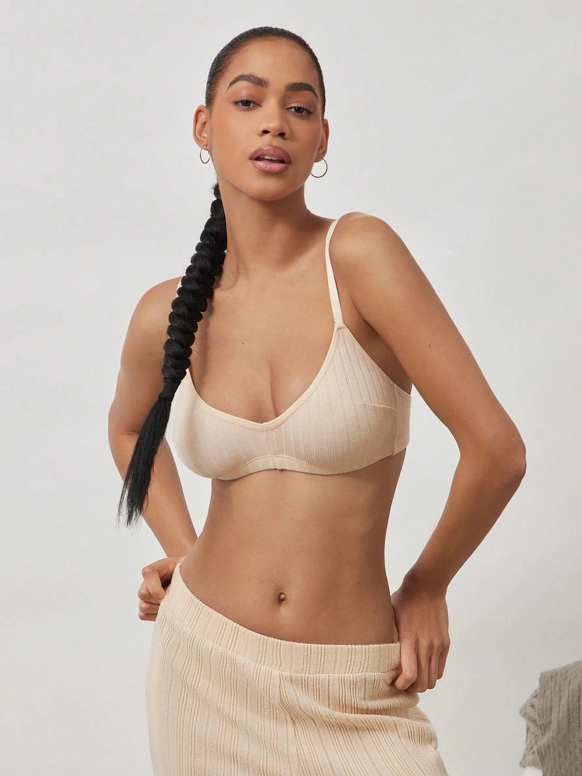 Ribbed Triangle Wireless Bra — Beige