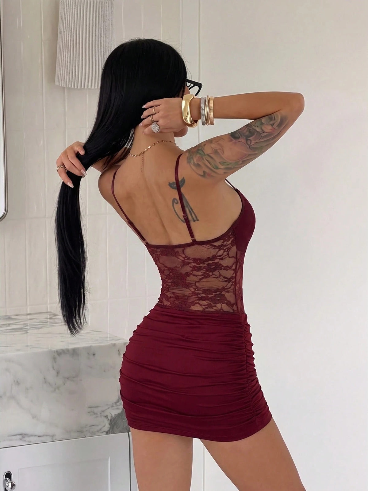 Lace-Waist Cutout Mini Dress — Red