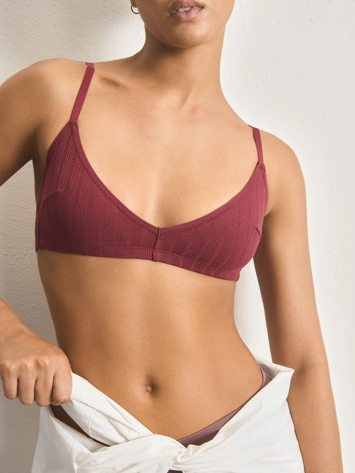 Ribbed Triangle Wireless Bra — Burgundy