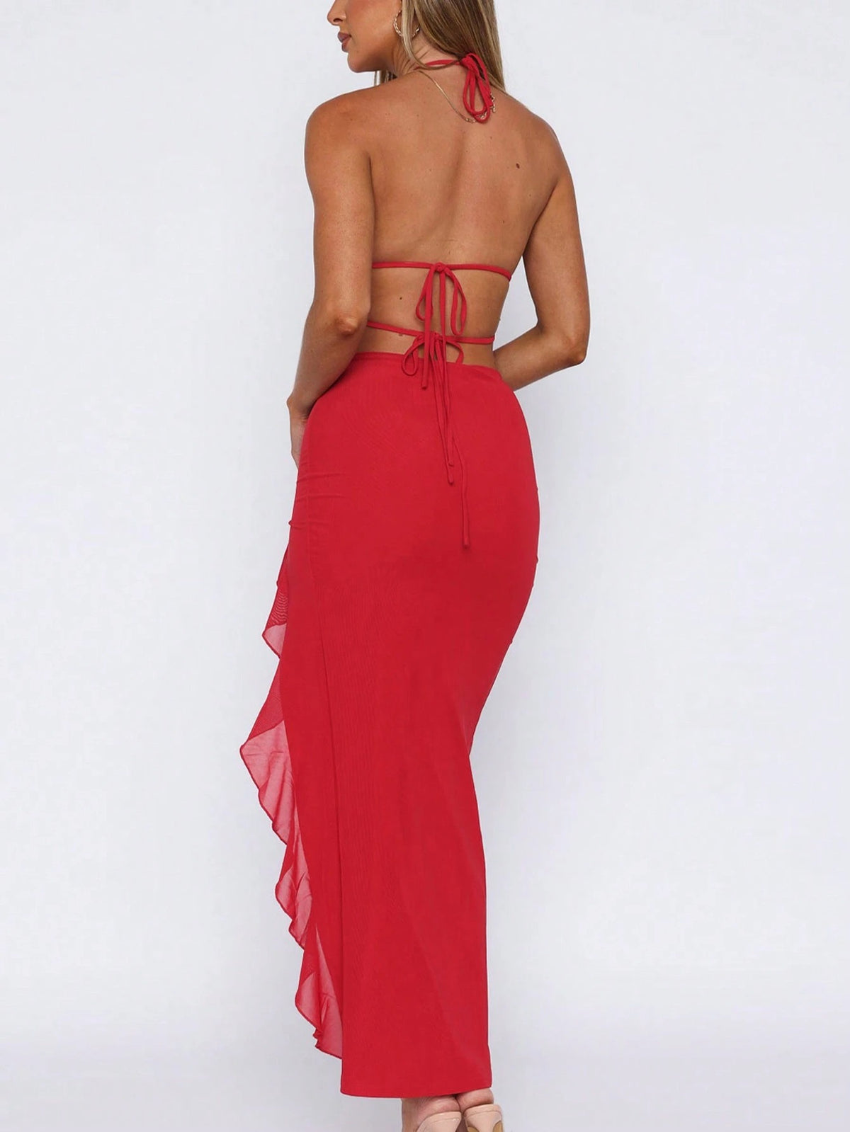 Halter Ruffle Maxi Dress — Red