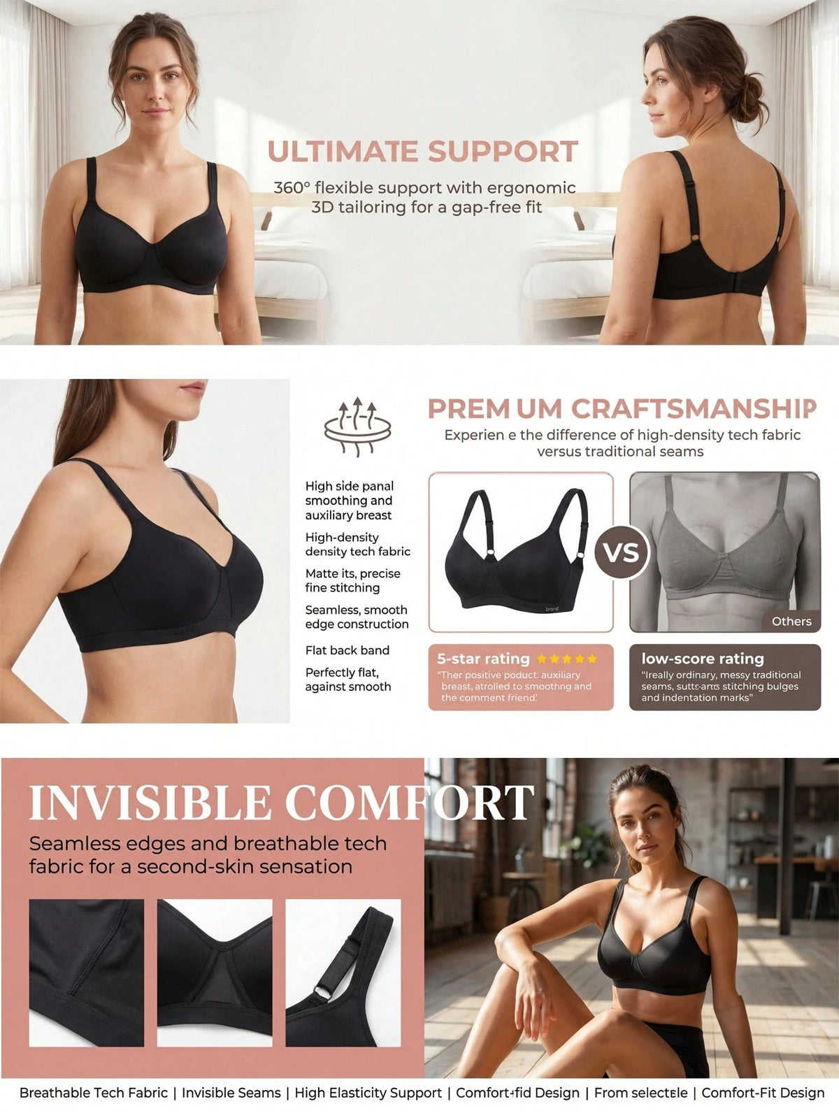 Satin-Strap Seamless Bra — Black