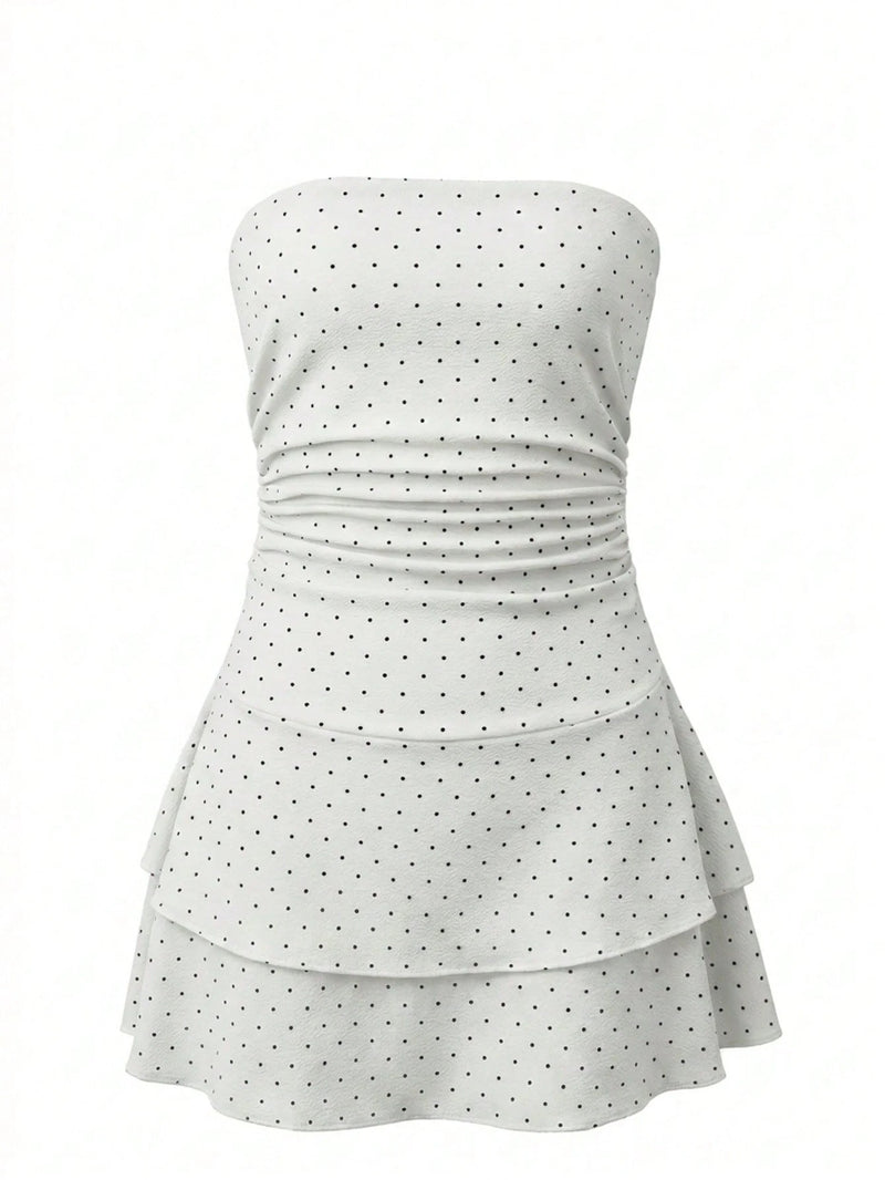 Polka Strapless Ruffle Mini — White