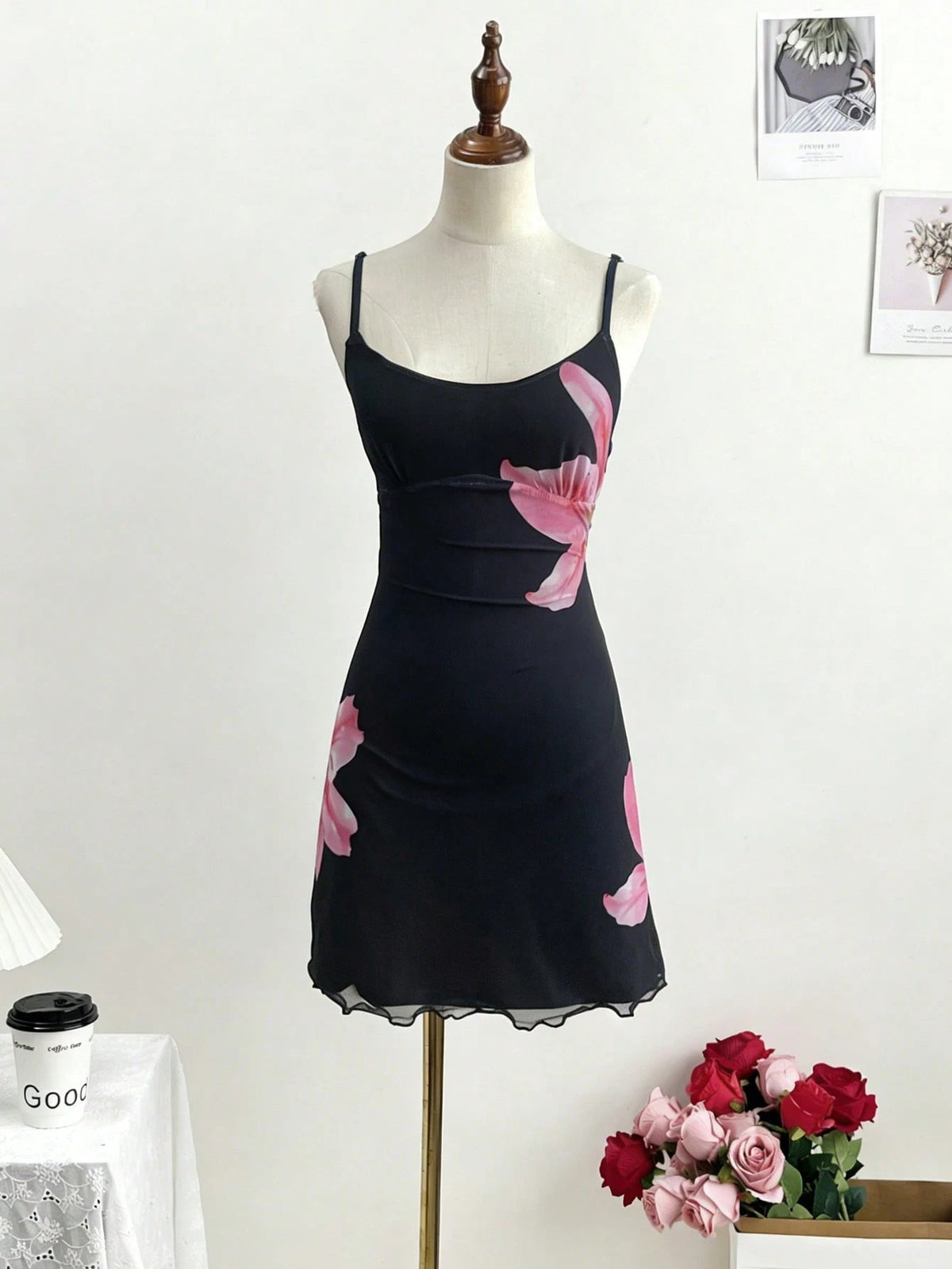 Floral Cami Mini Dress — Black