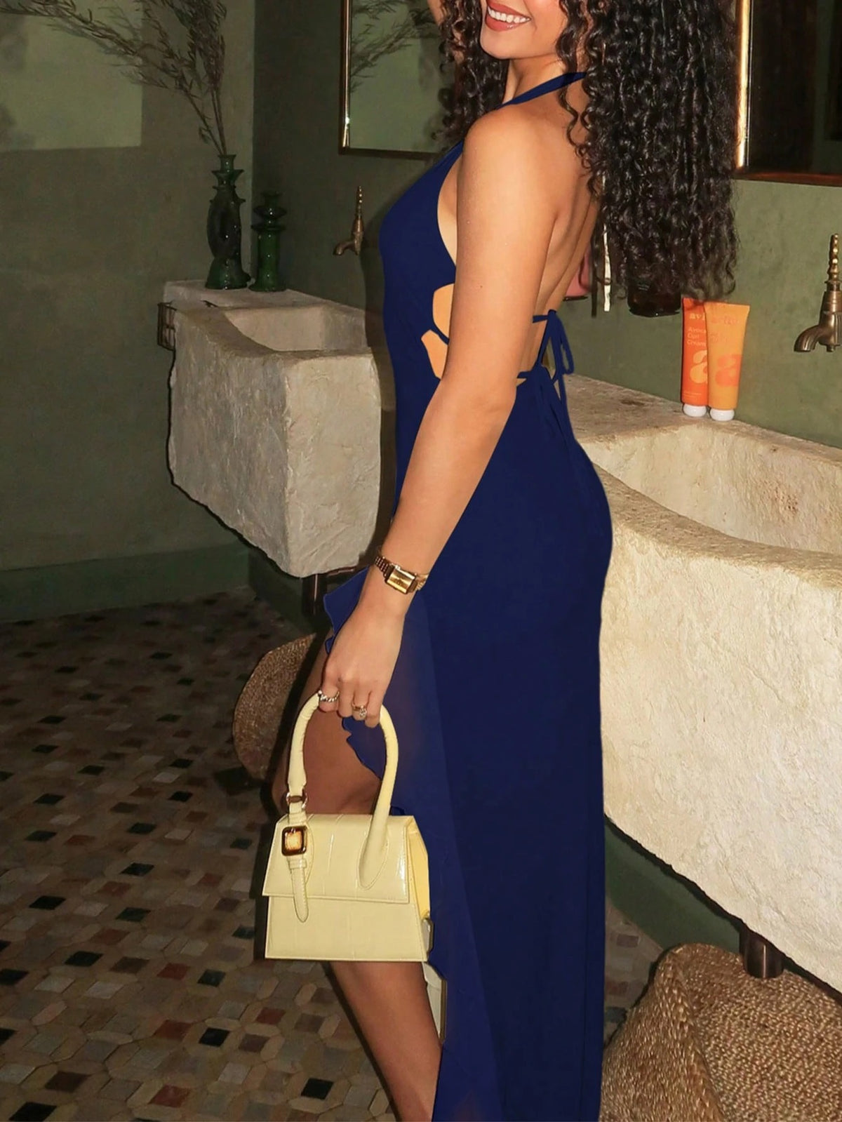 Halter Ruffle Maxi Dress — Blue
