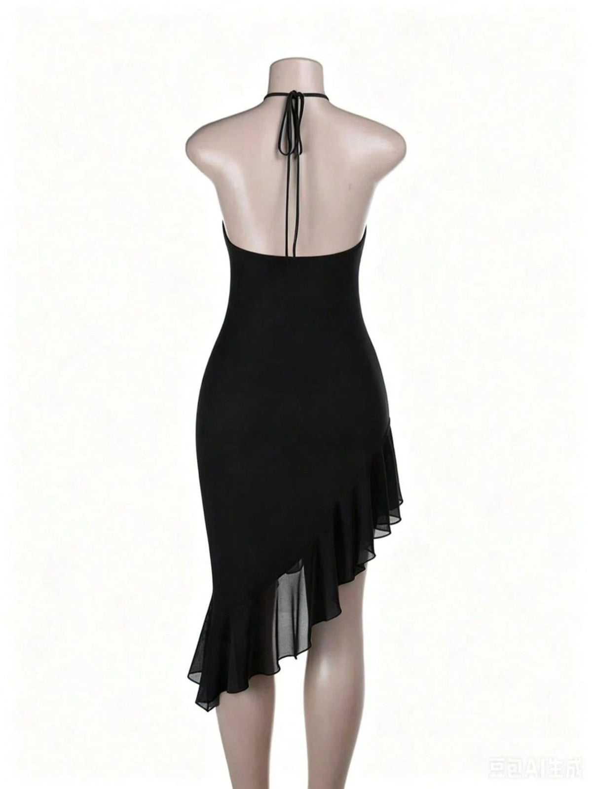 Asymmetric Halter Midi Dress — Black