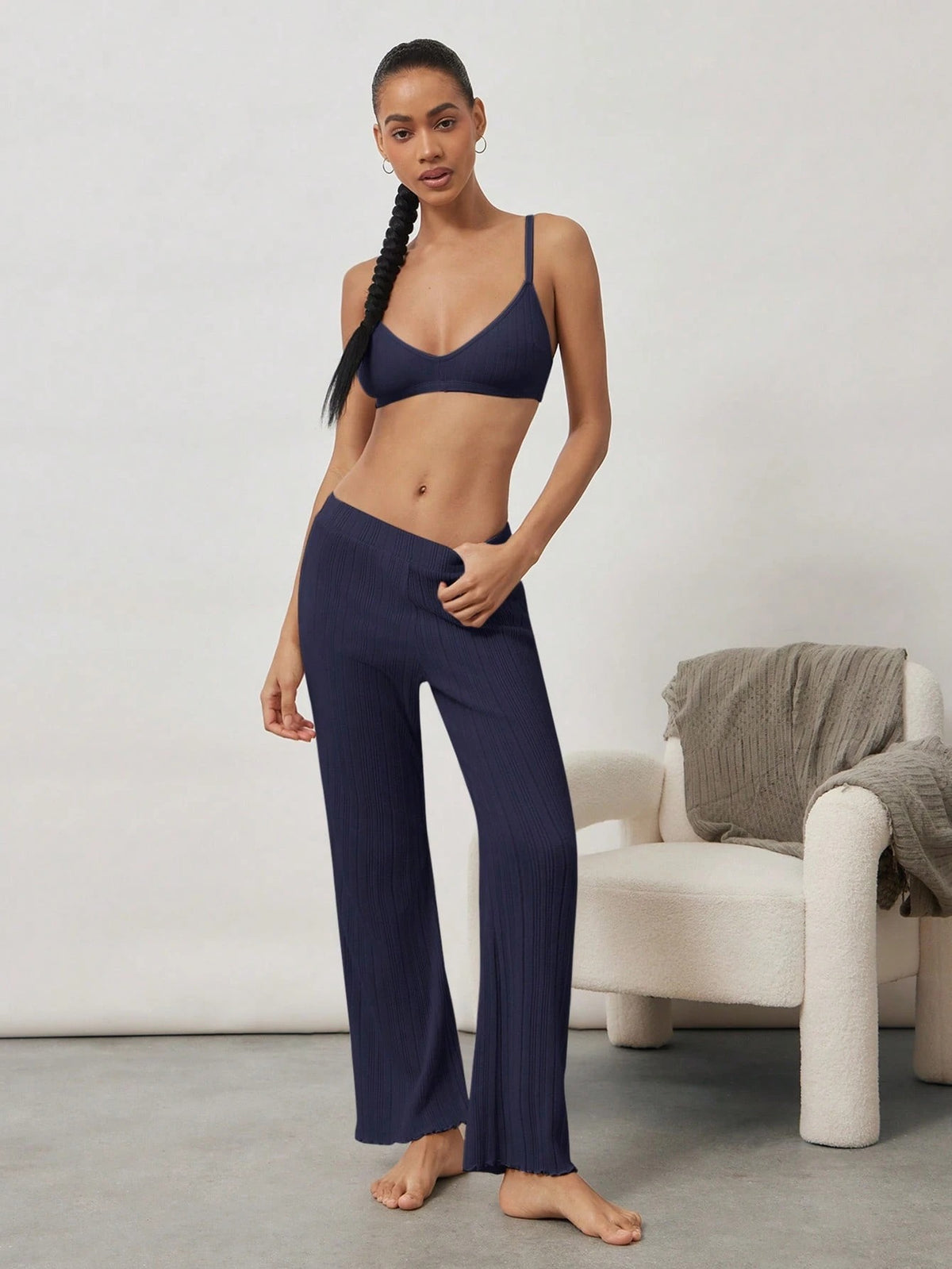 Ribbed Triangle Wireless Bra — Navy