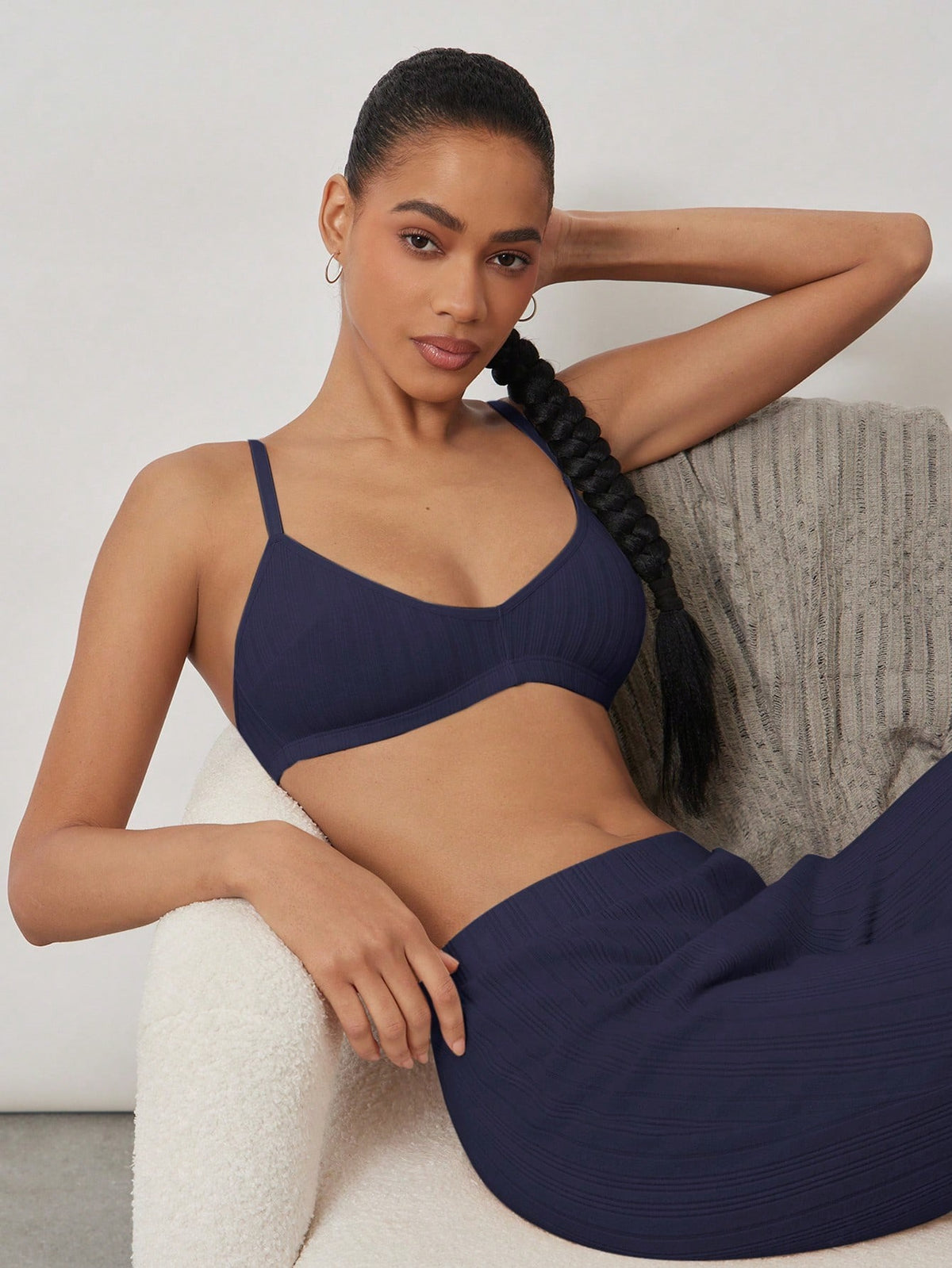 Ribbed Triangle Wireless Bra — Navy
