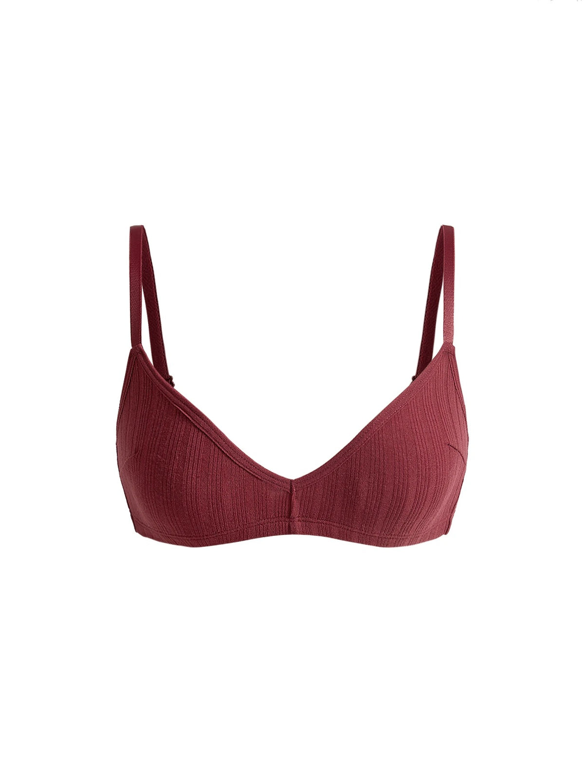 Ribbed Triangle Wireless Bra — Burgundy