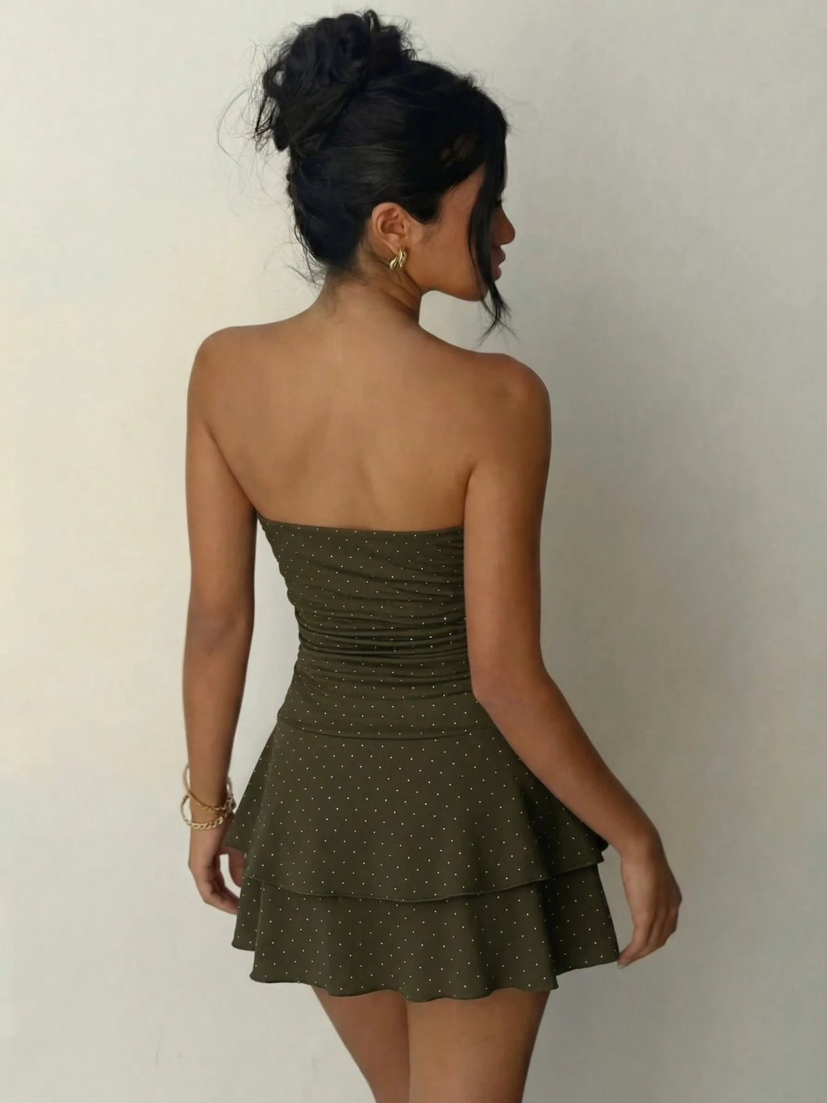 Polka Strapless Ruffle Mini — Green