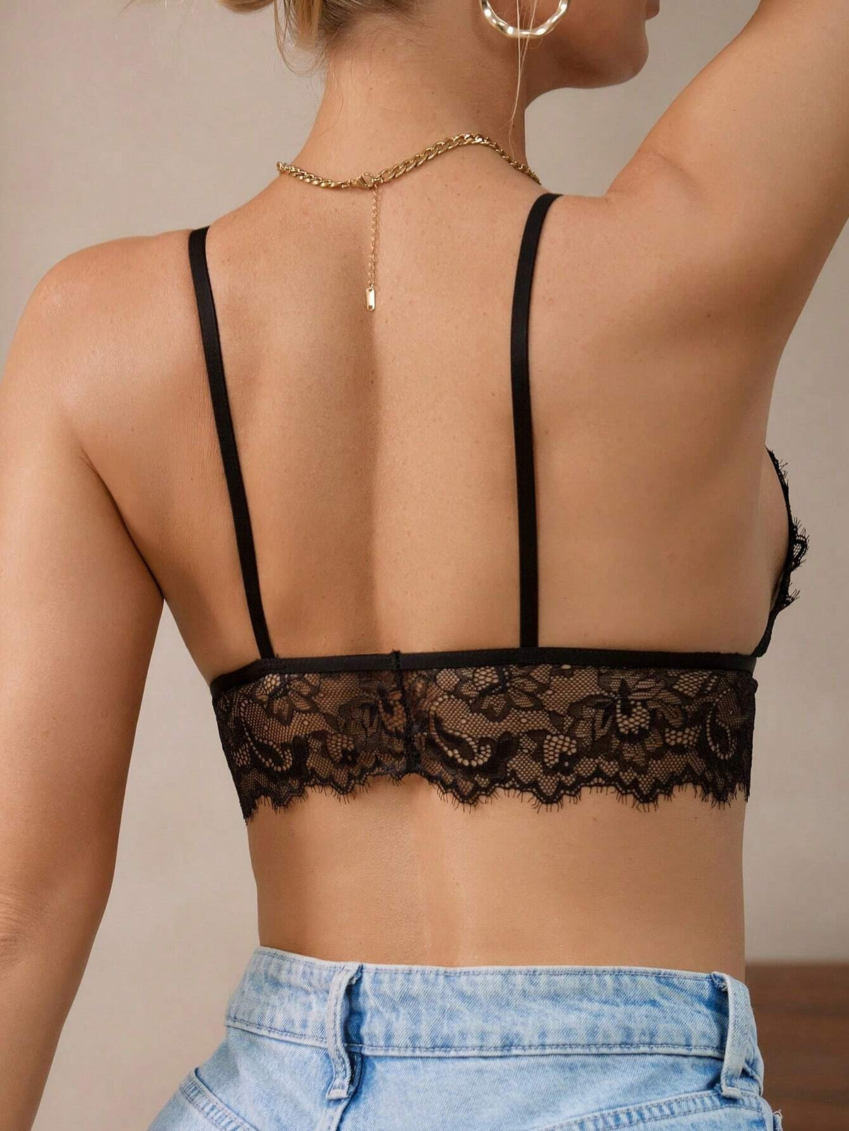 Sheer Lace Triangle Bralette — Black